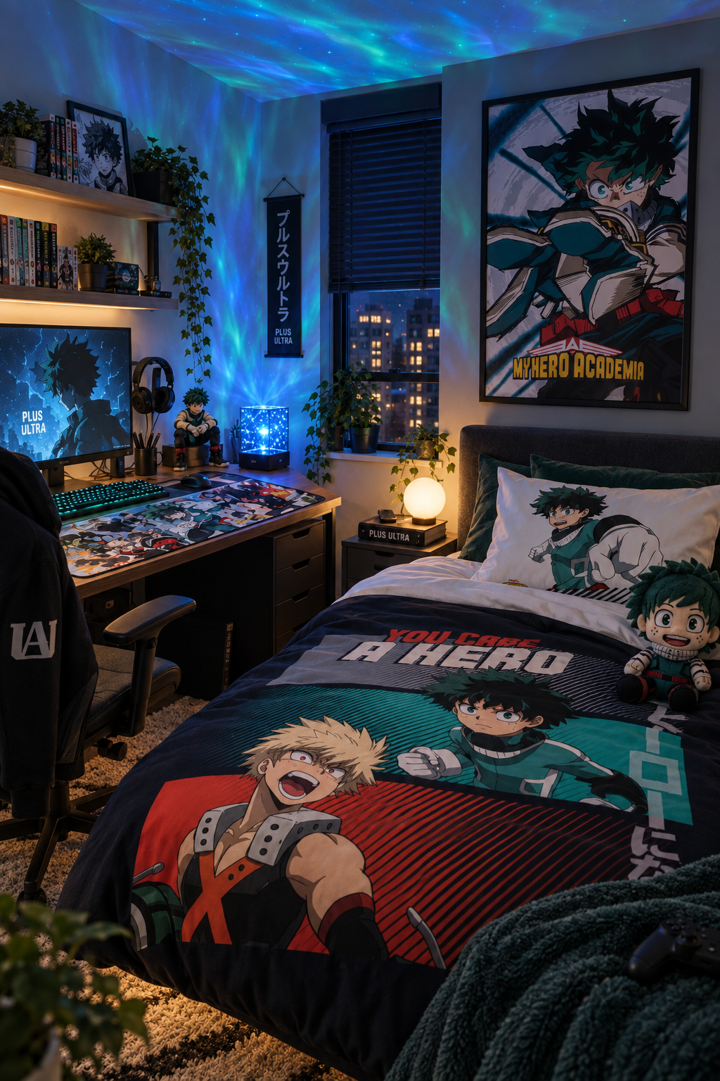 My Hero Academia inspired blue-green bedroom concept with aurora lighting