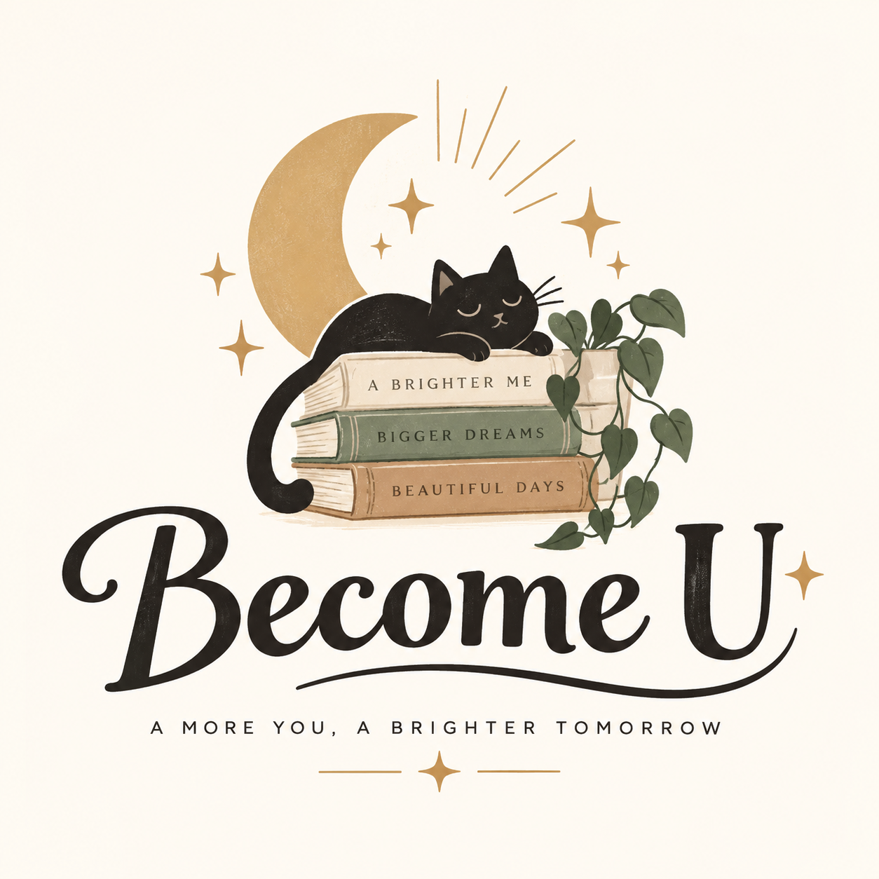 Become U logo with a sleeping black cat, books, moon and stars