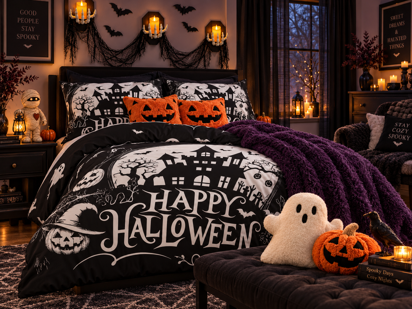 Haunted Cozy Bedroom with warm orange light and autumn details